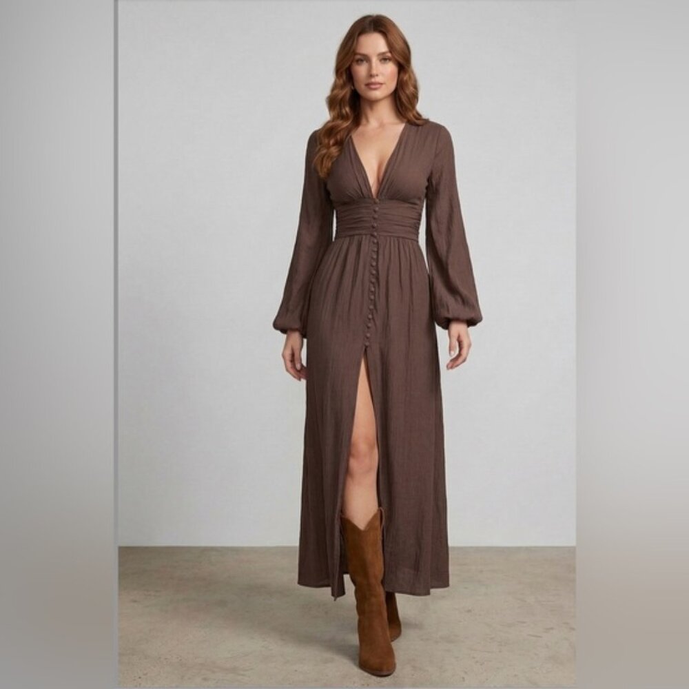 Bohemian Chic Button-Down Maxi Dress Brown